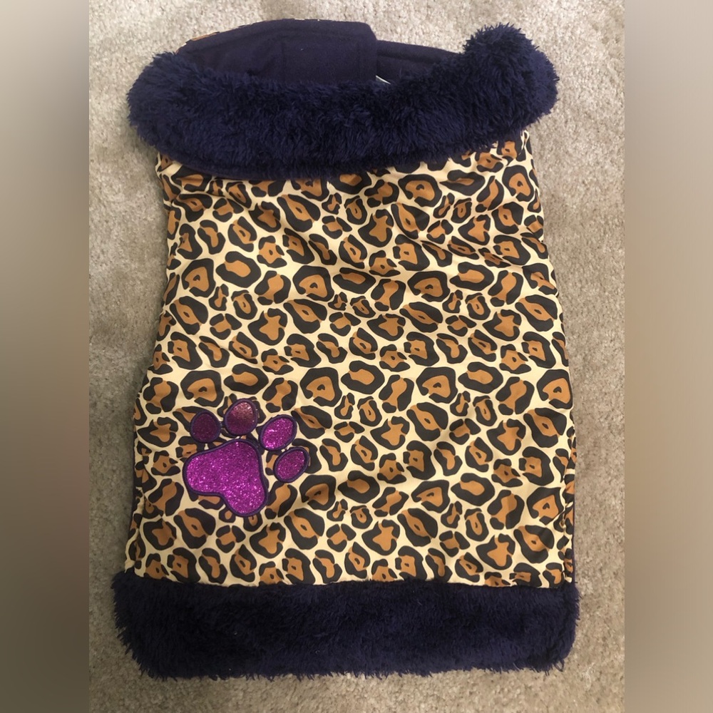 Adorable dog jacket, purple/gold/black detail